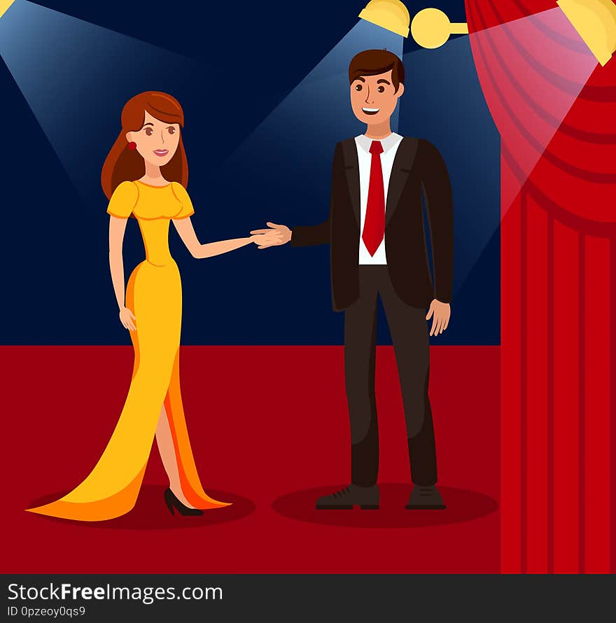 Rich Couple on Red Carpet Flat Color Illustration. Young Woman in Dress and Man in Suit Cartoon Characters. Award Ceremony, Beauty Contest. Luxury Lifestyle, VIP Person, Celebrity. Success, Glamour