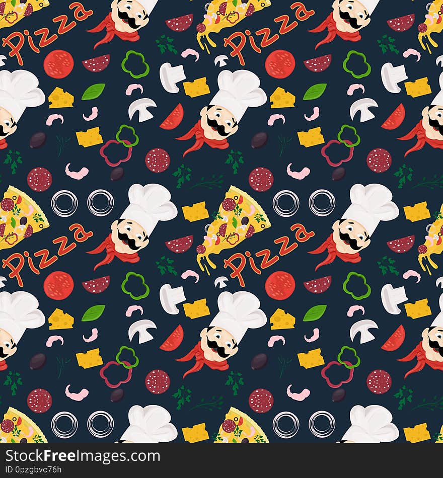 Seamless pattern illustration, on the theme of Italian pizza cuisine, for decoration and design of finished food, dish and ingredients, flat style. Seamless pattern illustration, on the theme of Italian pizza cuisine, for decoration and design of finished food, dish and ingredients, flat style