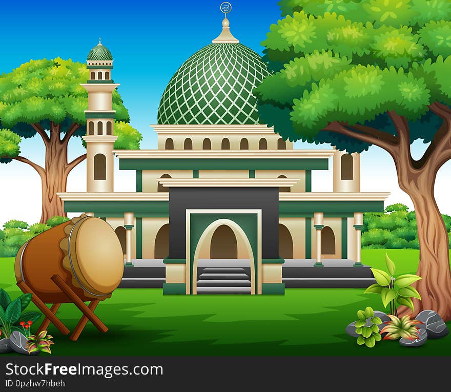 Illustration of Background of Islamic mosque building with green plants