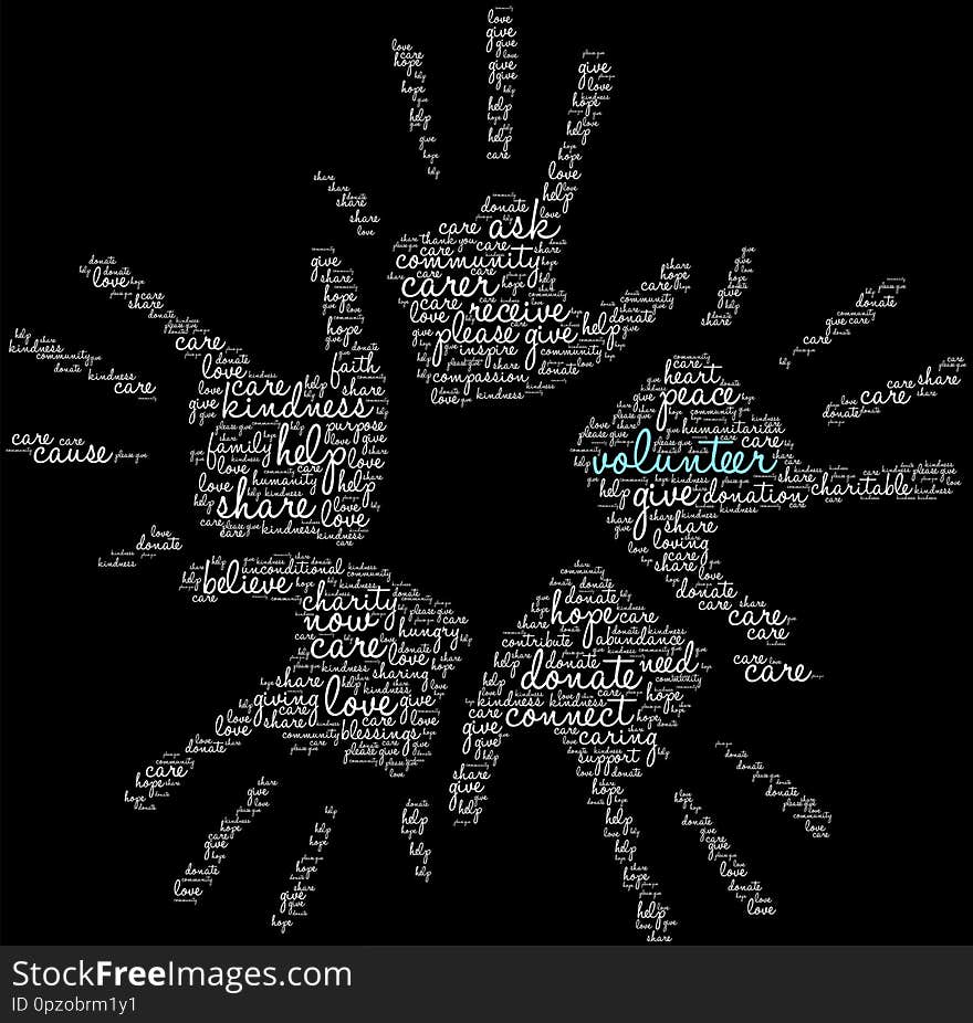 Volunteer word cloud on a black background