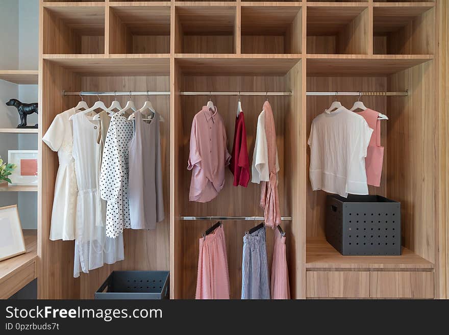 modern closet with clothes hanging