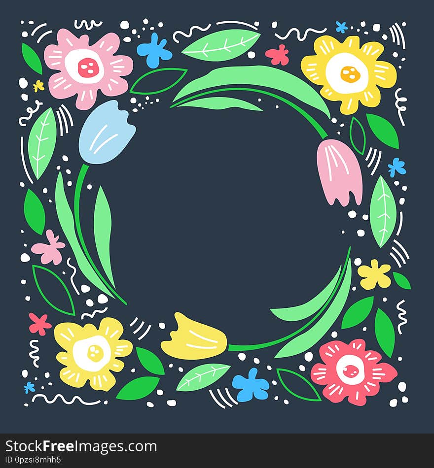 Floral text circle frame hand drawn flat layout. Decorative round border with vector blossom. Flowers, leaves cartoon illustration with copyspace. Greeting card, invitation design element - Vector. Floral text circle frame hand drawn flat layout. Decorative round border with vector blossom. Flowers, leaves cartoon illustration with copyspace. Greeting card, invitation design element - Vector