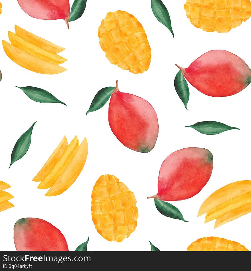 Watercolor pattern with mango, mango slices and leaves on a white background