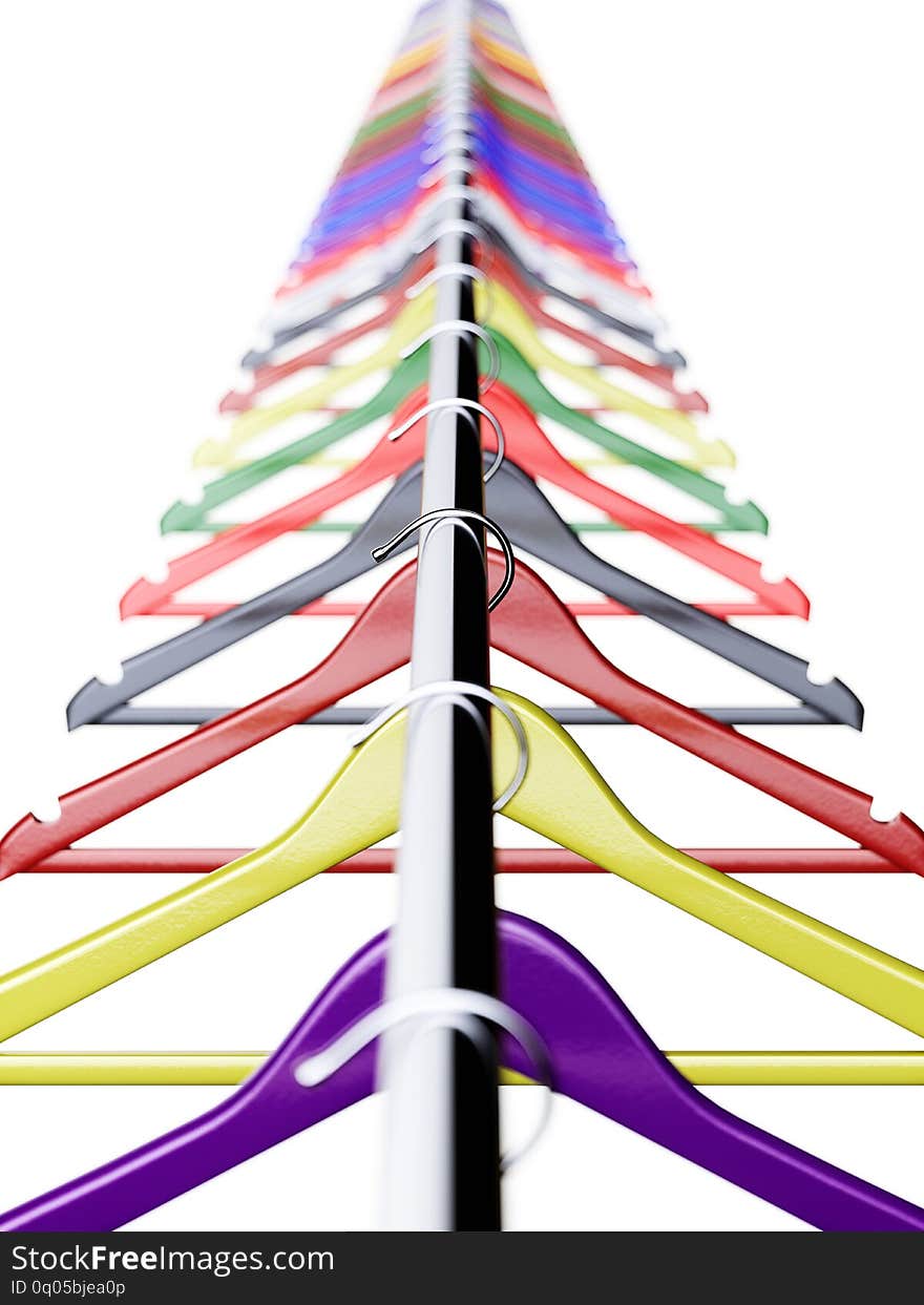 Colorful clothes hangers isolated on white background. 3d rendering illustration