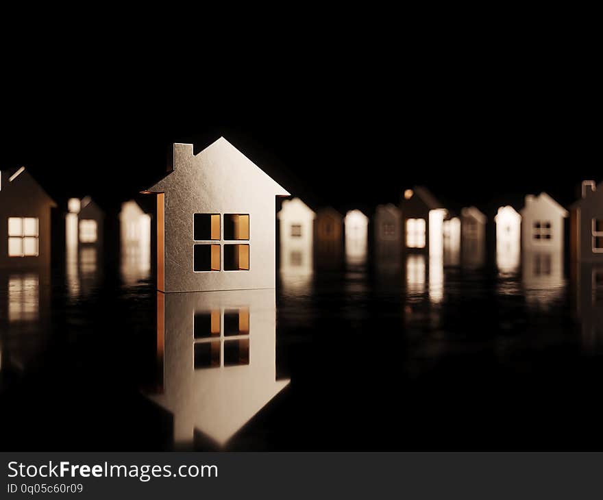 Golden house icons black conceptual background. Real estate concept. 3d rendering illustration. Golden house icons black conceptual background. Real estate concept. 3d rendering illustration