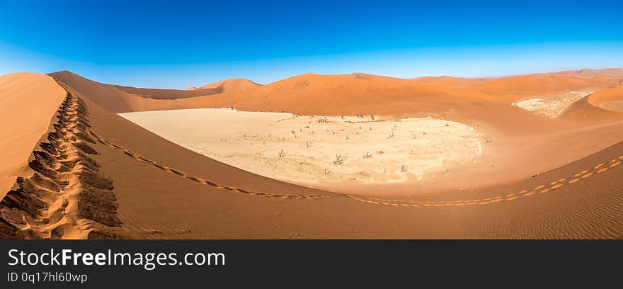 Panoramic view of sand dunes in Deadvlei, Sossusvlei, Namibia.