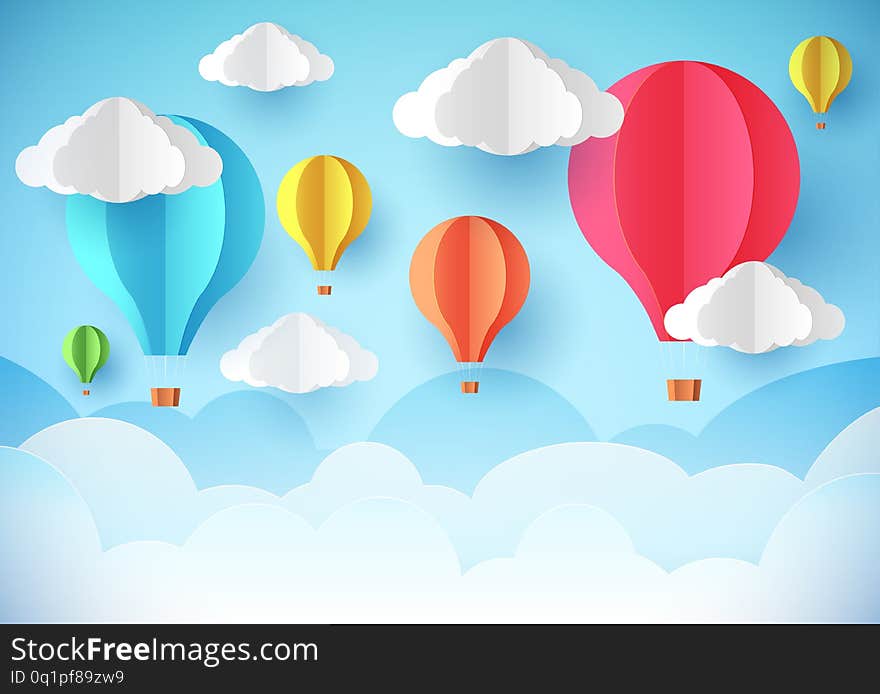 Template flyer, banner or poster. Paper style. Hot Air balloons in the sky