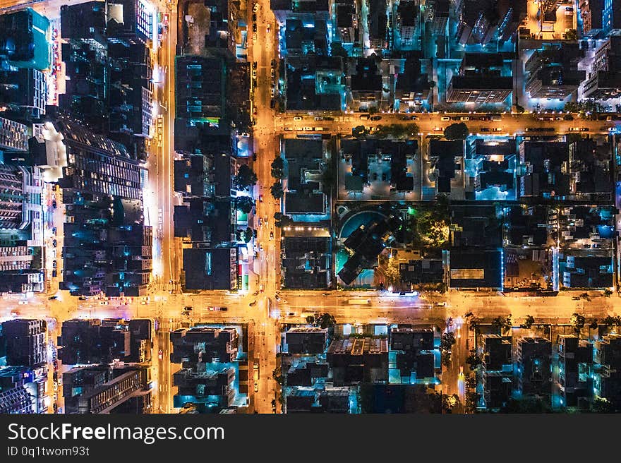 Aerial view of street at night, Hong Kong