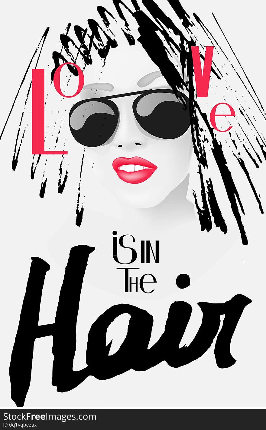 Love is in the hair poster with letters and woman with doodle hair. Vector illustration