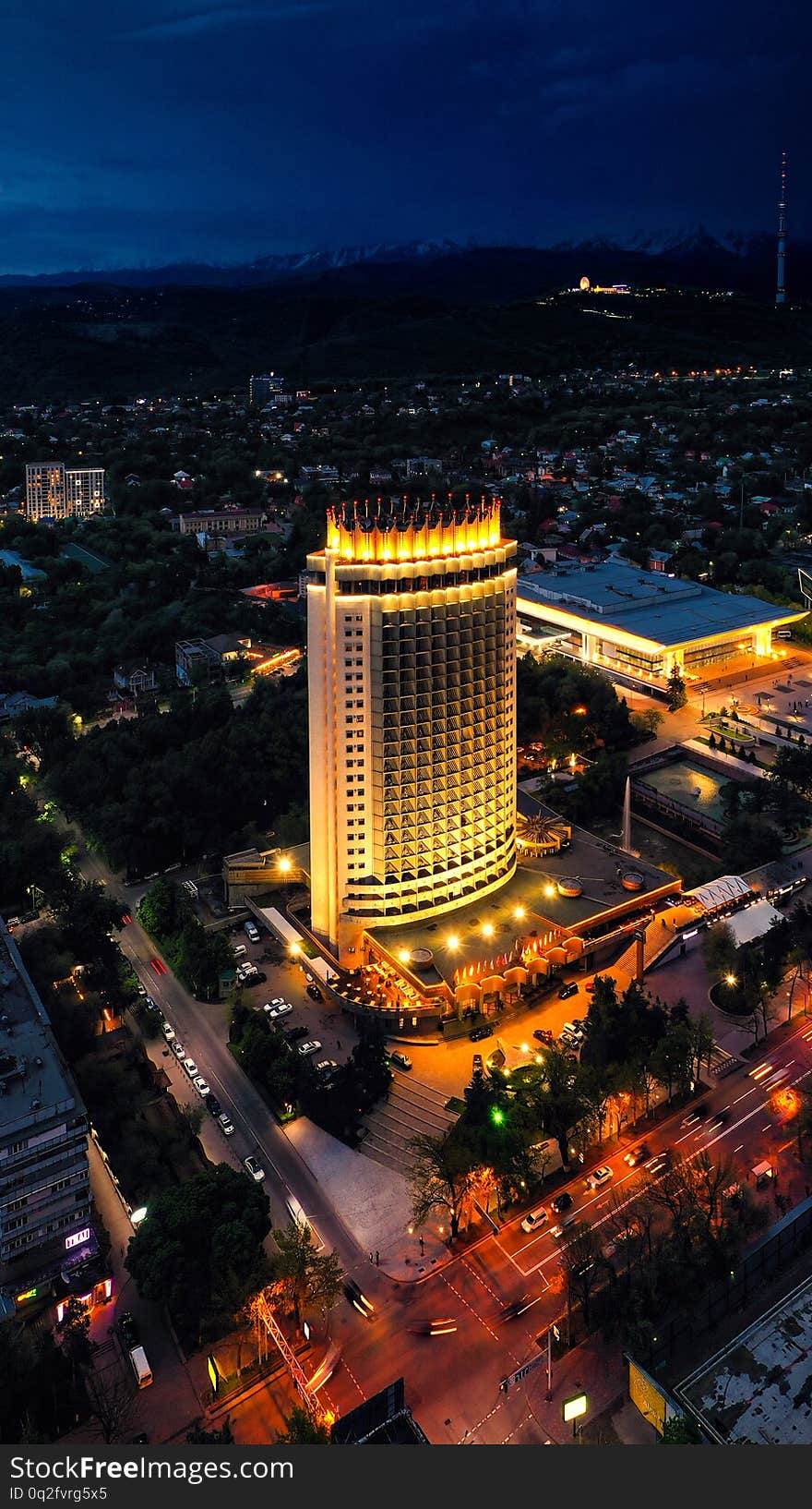 Almaty Kazakhstan Aerial View Of The Kazakhstan Hotel At Night