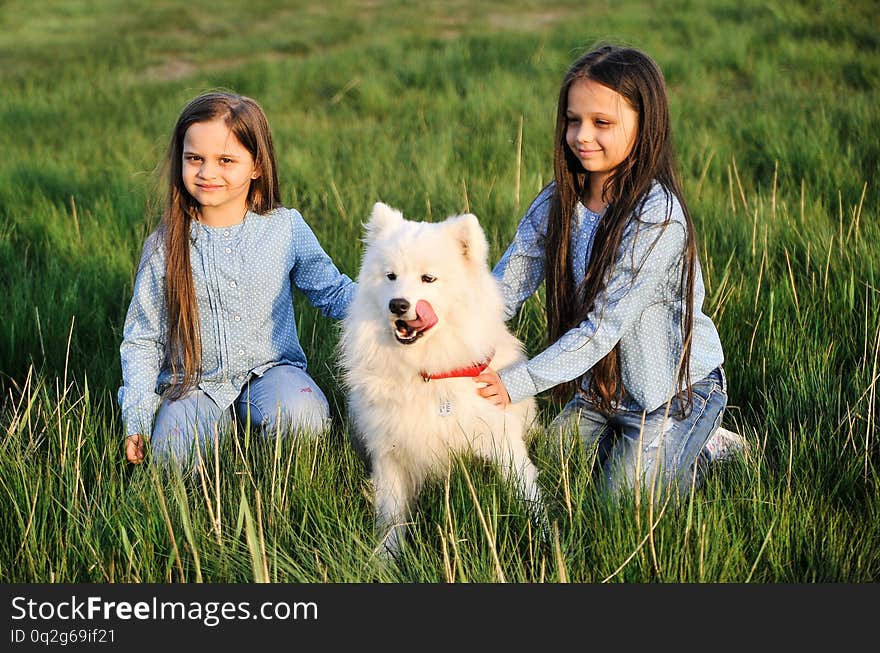 Sisters with a dog on the grass. Friendship concept.