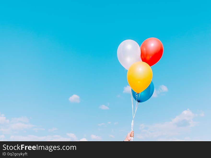 Colorful balloons with blue sky Concept of happy birth day in summer and wedding, honeymoon party use for background. Vintage color tone style