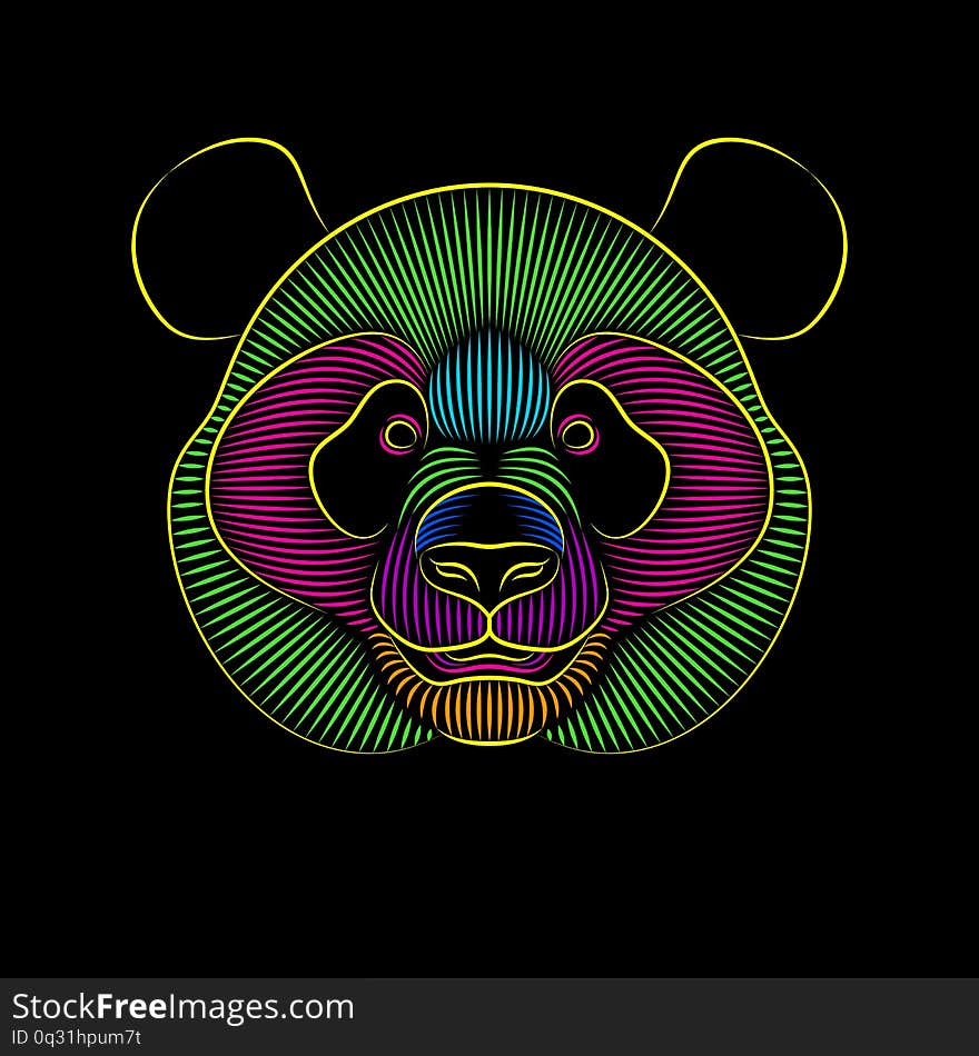 Engraving of stylized psychedelic giant panda on black background. Linear drawing. Portrait of a panda