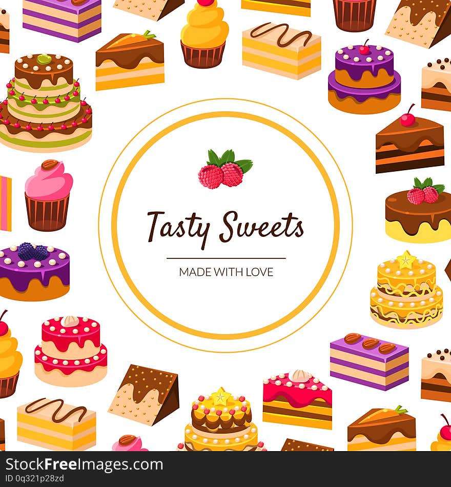 Tasty Sweets Banner Template with Desserts Pattern, Bakery, Confectionery, Shop Design Element Vector Illustration