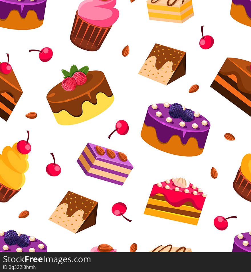 Delicious Desserts Seamless Pattern with Tasty Sweets, Design Element Can Be Used for Fabric, Wallpaper, Packaging