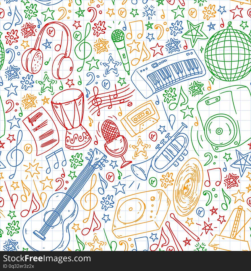 Musical pattern for posters, banners. Music festival, karaoke, disco, rock.