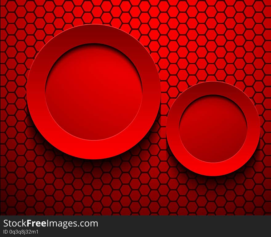 Abstract red 3D background, circular shapes over hexagonal pattern, vector design