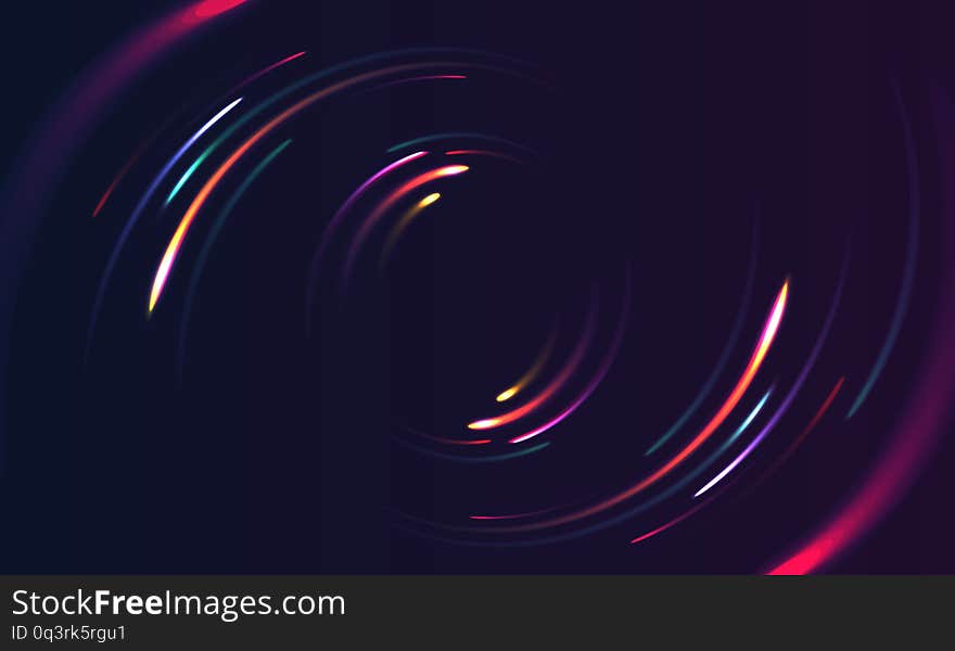 Neon lights in motion moving by circle shape, bright light graphic with sparks