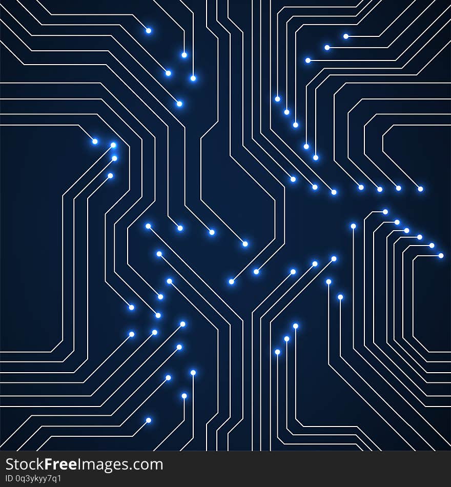 Seamless pattern of glowing circuit board. Neon technology background