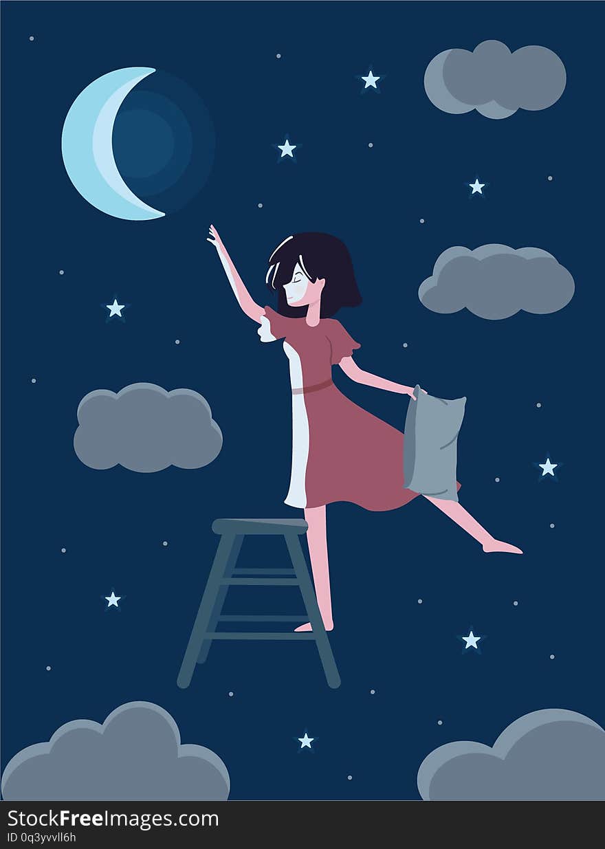 Romantic cute girl dreams to get to the moon. Sleeping girl with moon and stars