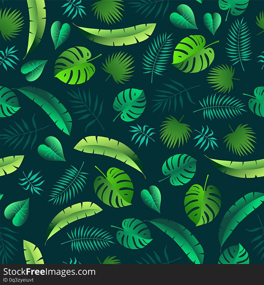 Dark seamless background of different tropical leaves