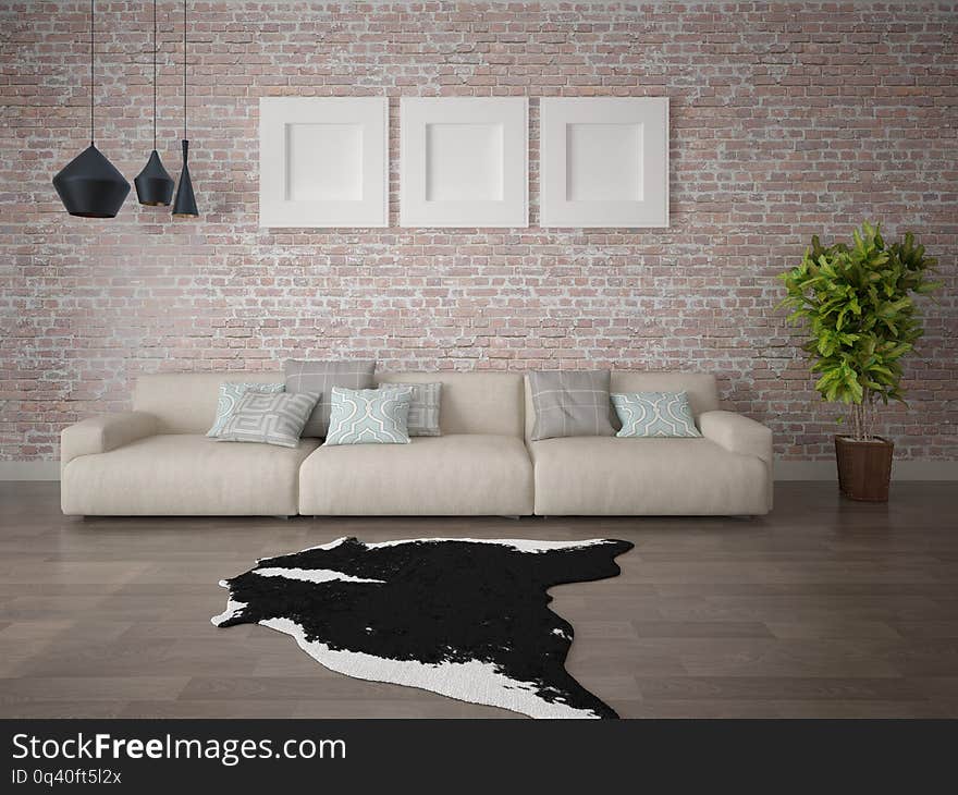 Mock Up Modern Living Room With Large Comfortable Sofa.