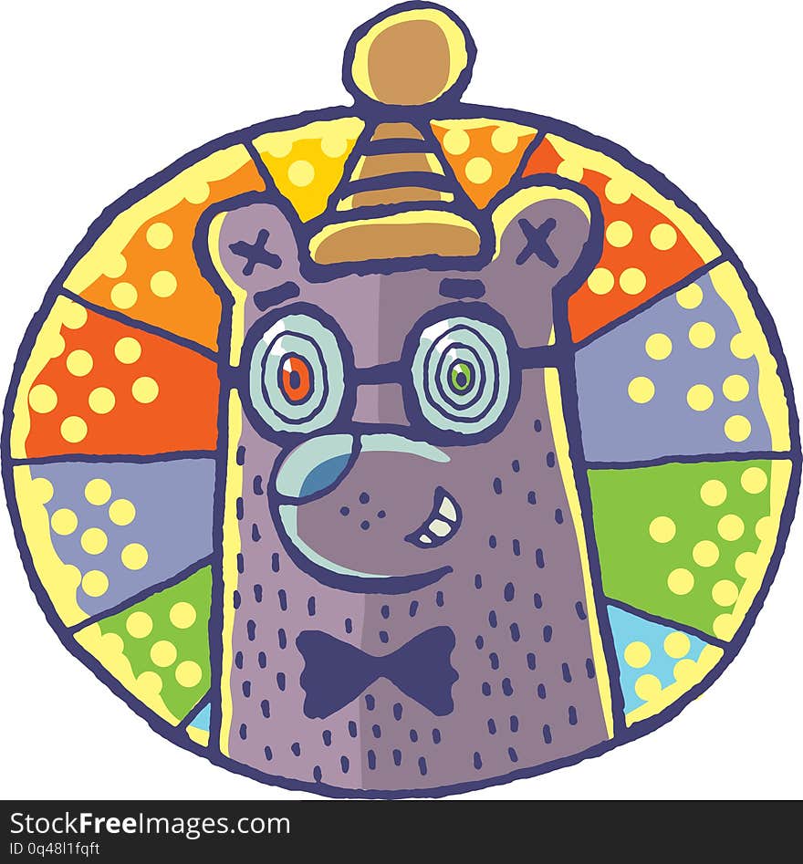 Bear in the winter hat and wearing hypnotic glasses is completely embellished with colors at the party. Bear in the winter hat and wearing hypnotic glasses is completely embellished with colors at the party