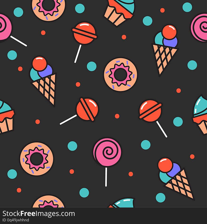 Seamless pattern of sweets, donut, lollipop, cupcake, ice cream. Background for kids cafe menu, wrapping paper. Vector banner