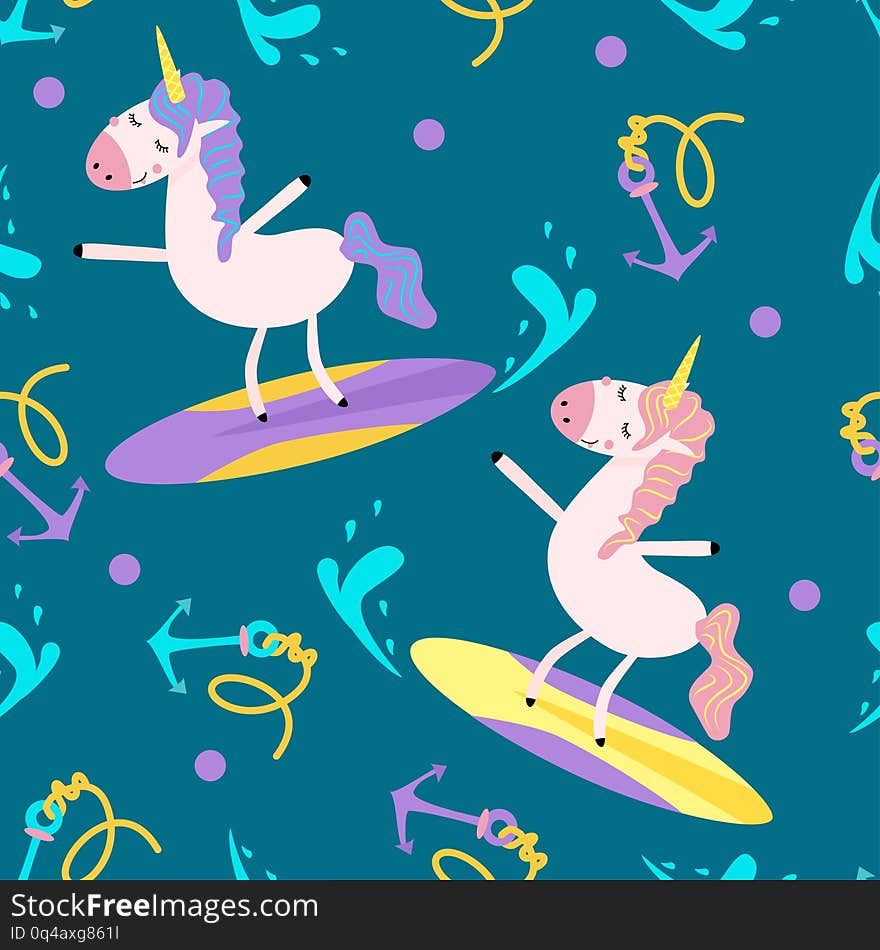 Funny seamless pattern with unicorns on surfboards and with anchors on the background. Funny seamless pattern with unicorns on surfboards and with anchors on the background