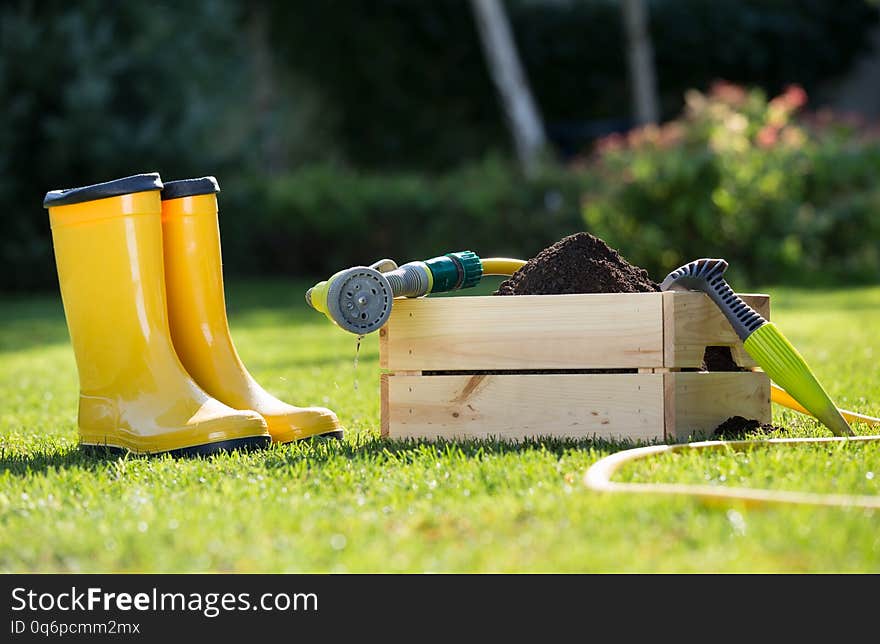 Gardening equipment on grass