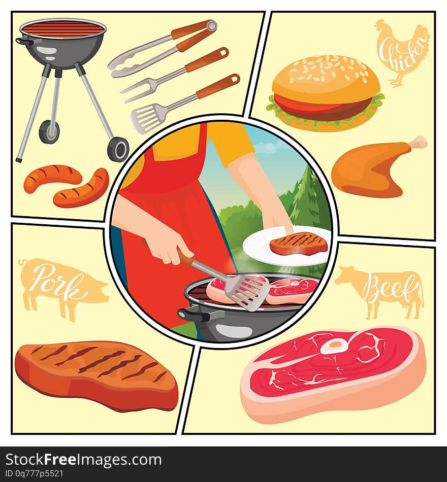 Flat summer picnic weekend composition with fork tongs spatula burger roasted chicken sausages and man cooking steak on barbecue vector illustration