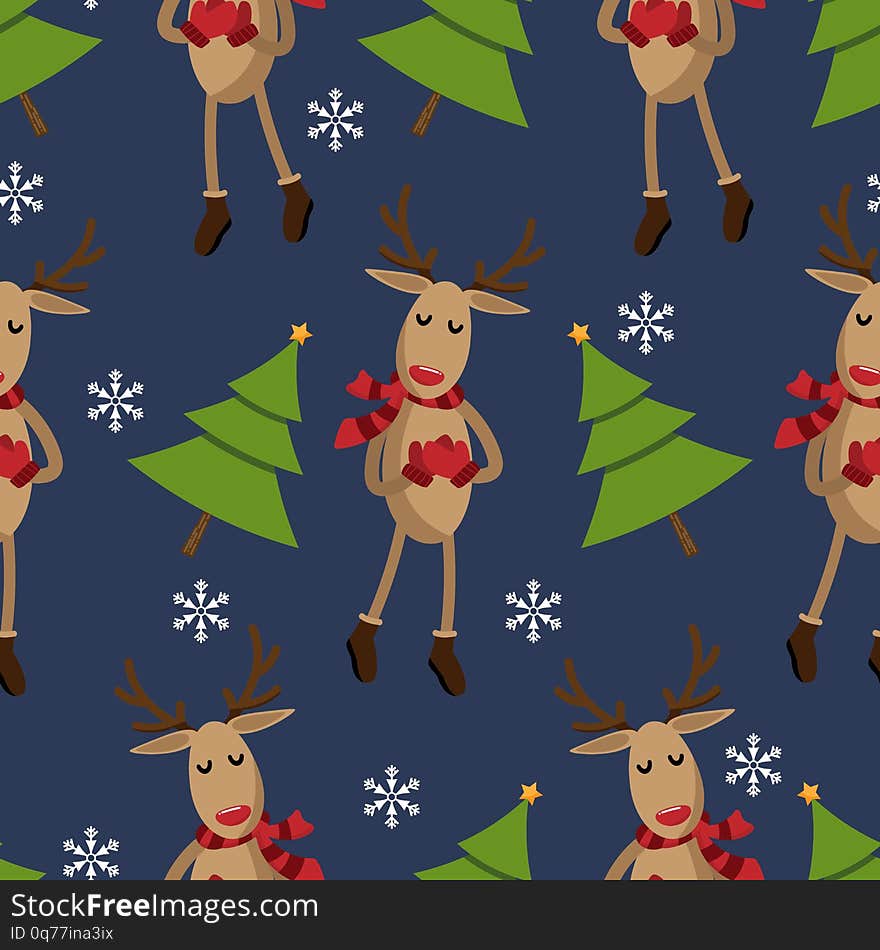 Red nose reindeer in winter custom with Christmas tree seamless pattern.