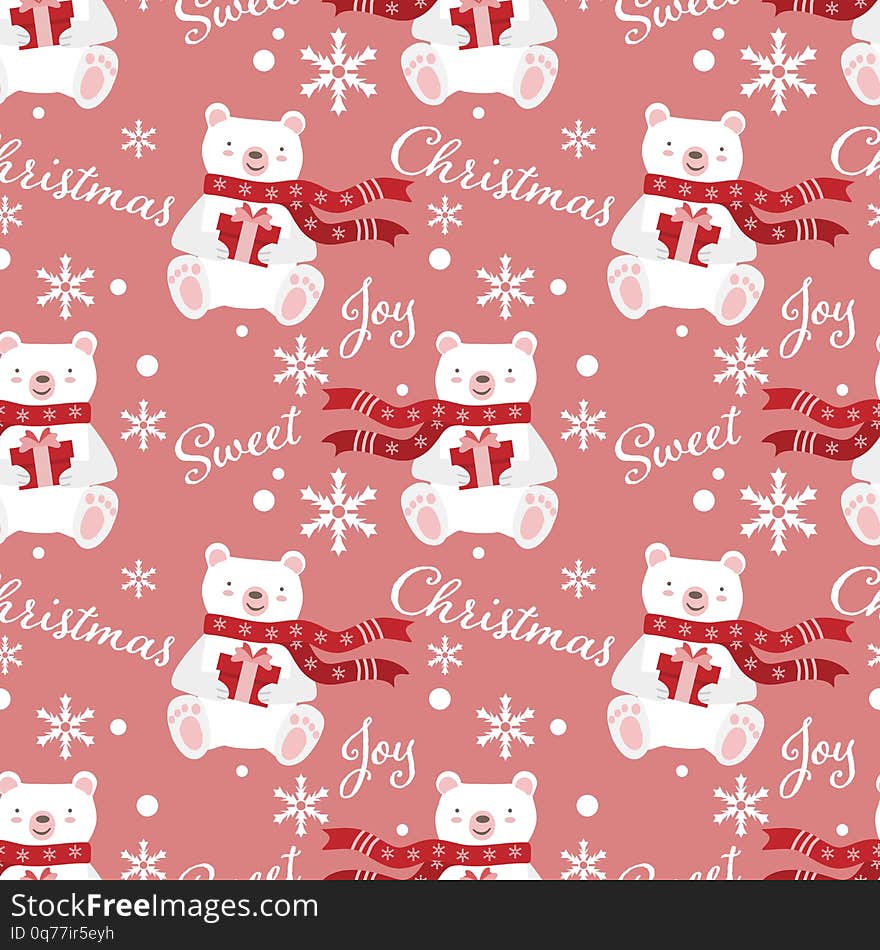 Christmas seamless pattern with Cute polar bear in red scarf and snowflake. Design for Merry Christmas, Happy New Year or Happy Holidays Greeting Card