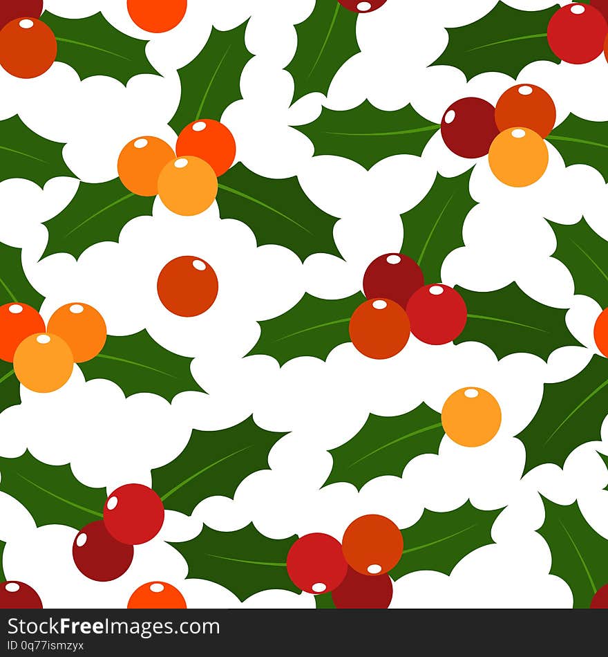 Christmas holly leaves and berries ornate seamless pattern