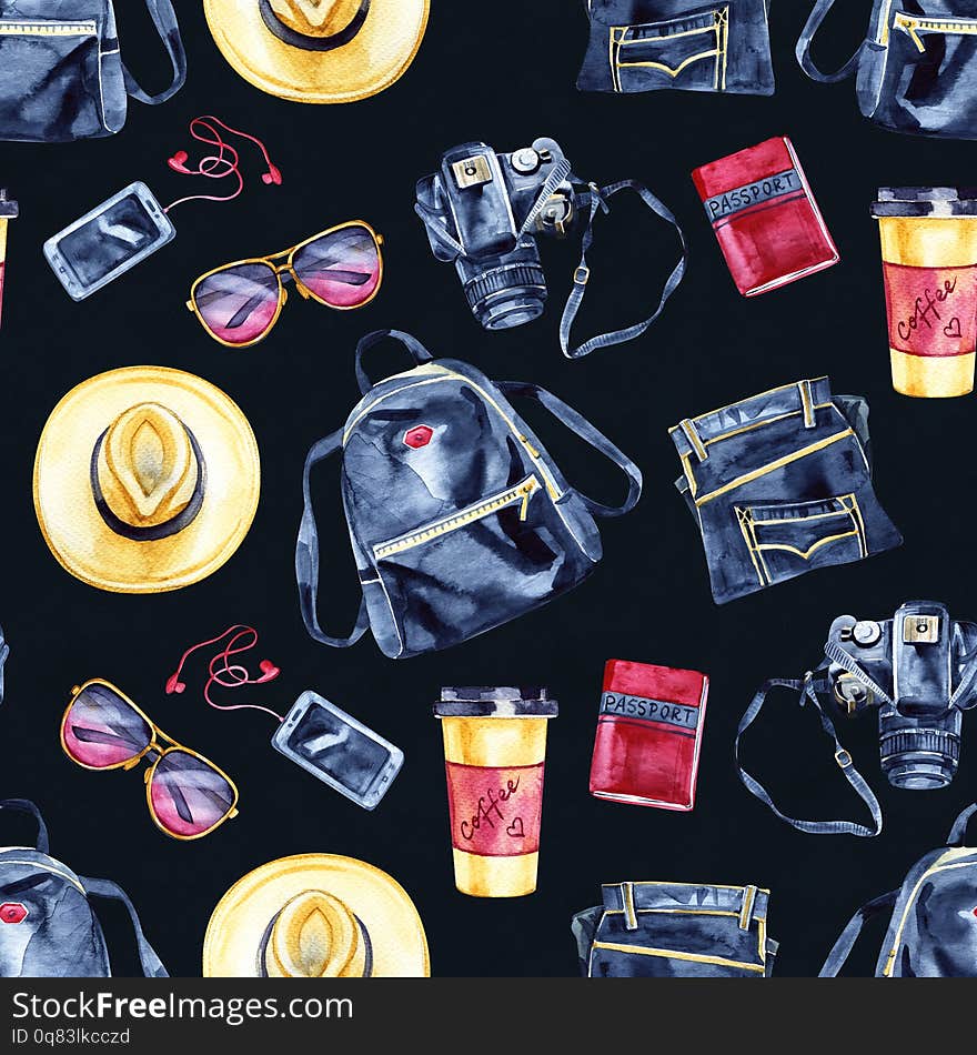 Vintage seamless pattern painted with watercolors. Photographic journey travel.