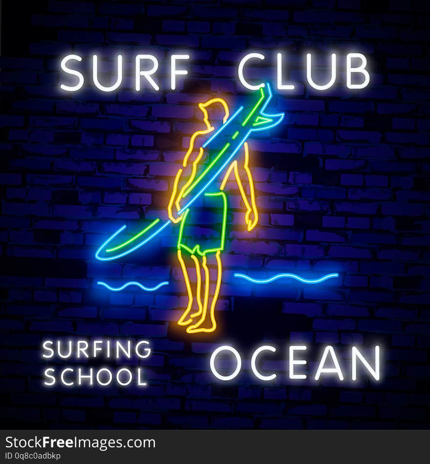 Surfing Poster in Neon Style. Glowing Sign for Surf Club or Shop. Surfboards Electric Icons on Brick Wall Background. Vector Illustration.