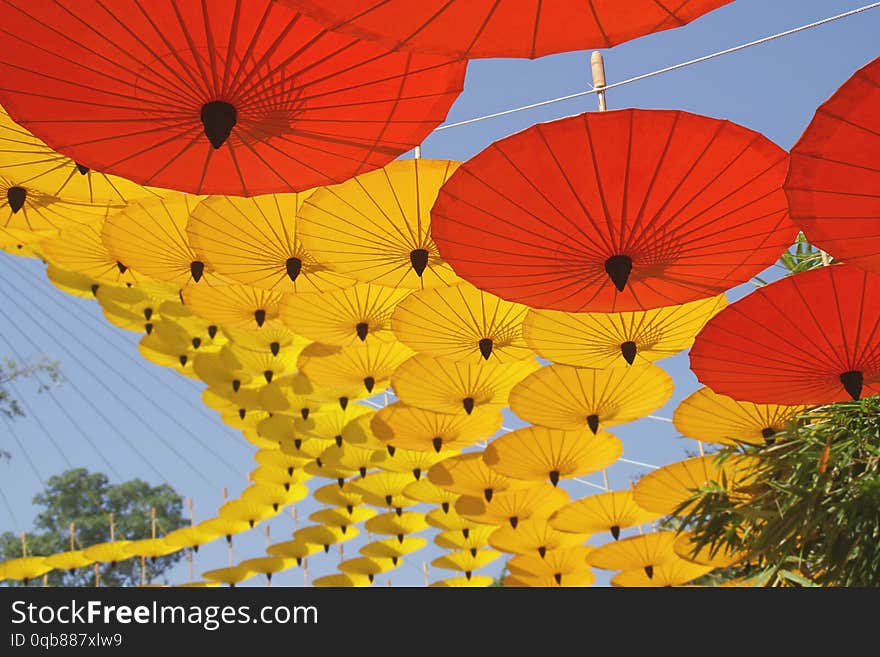 Yellow, Red Paper Umbrellas Decoration As Background