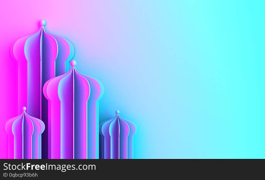 Arabic window or mosque paper cut o blue violet purple pink gradient background. Design creative concept of islamic celebration day ramadan kareem or eid al fitr adha. 3D rendering illustration.