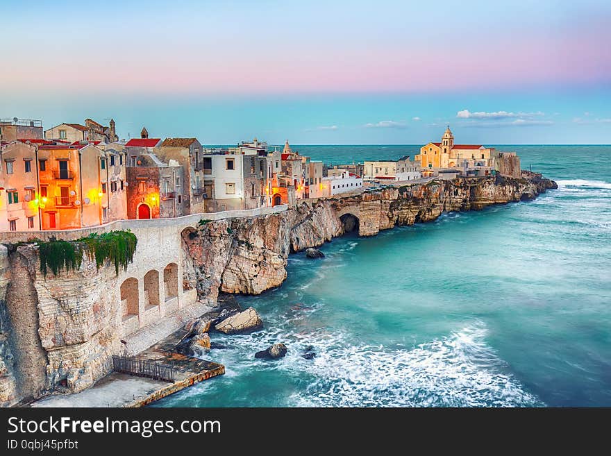 Vieste - beautiful coastal town on the rocks in Puglia. The church of San Francesco di Vieste. Gargano peninsula, Apulia, southern Italy, Europe