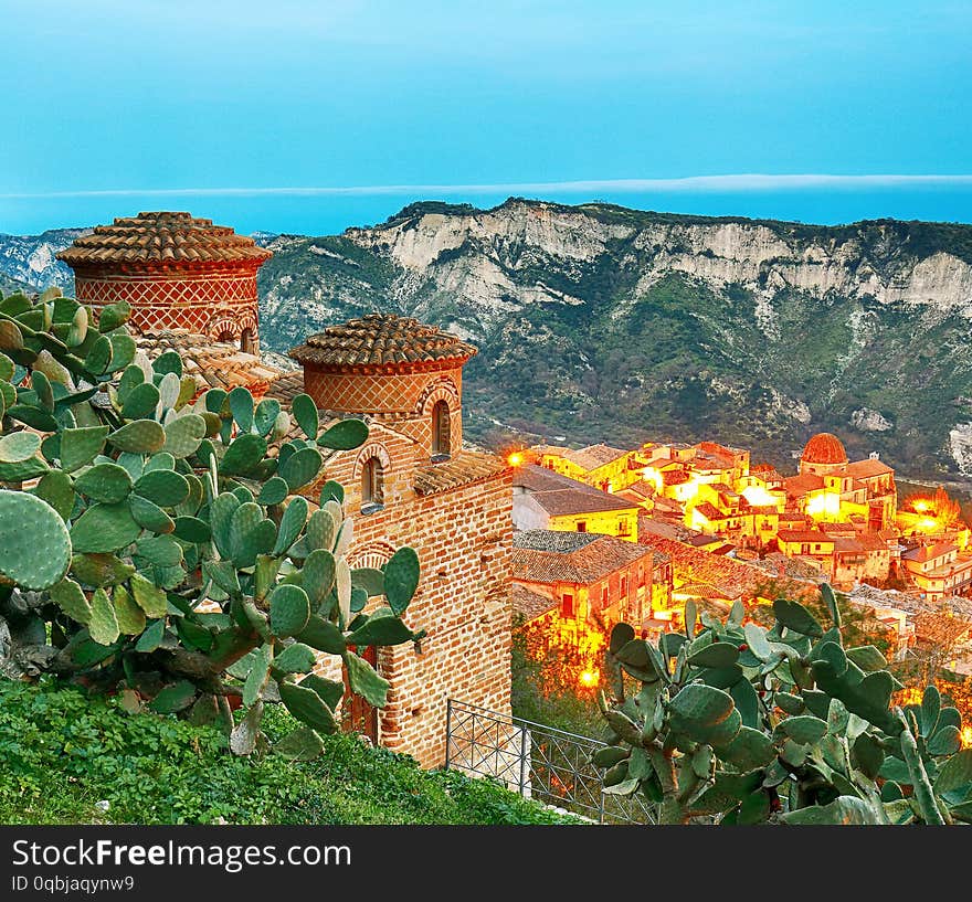 Sunset over old famous medieval village Stilo in Calabria. View on church and city. Southern Italy. Europe