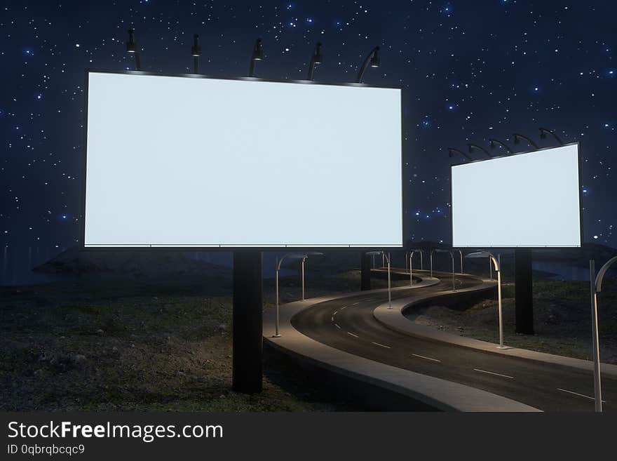 Blank advertising board and winding road, 3d rendering