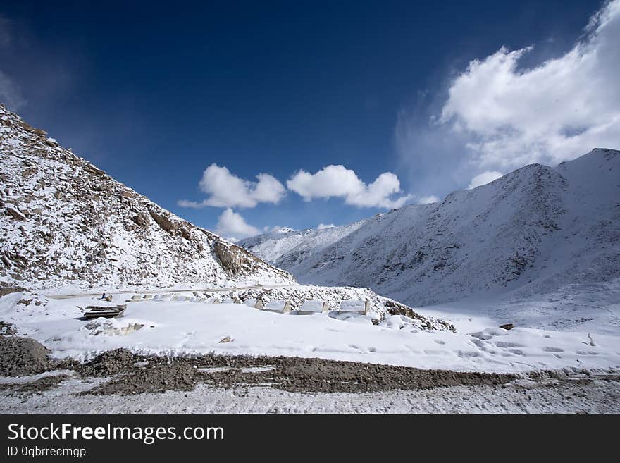 A view of snow mountain on the way from Leh to Pangong lake in Ladakh.