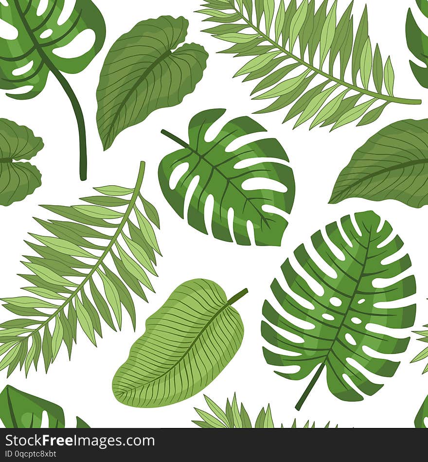 Seamless pattern from tropical leaves. Flat style. Vector illustration