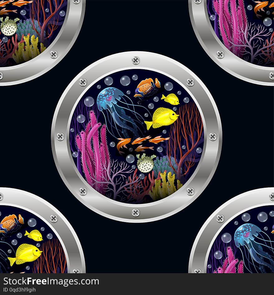 Seamless pattern with bathyscaphe window and sea inhabitans.