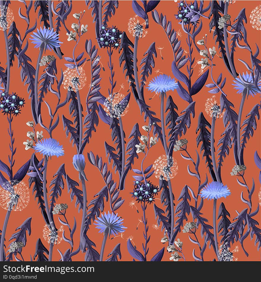 Seamless pattern with dandelion and wild flowers.