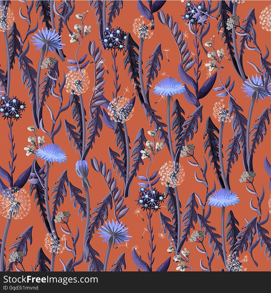 Seamless Pattern With Dandelion And Wild Flowers.