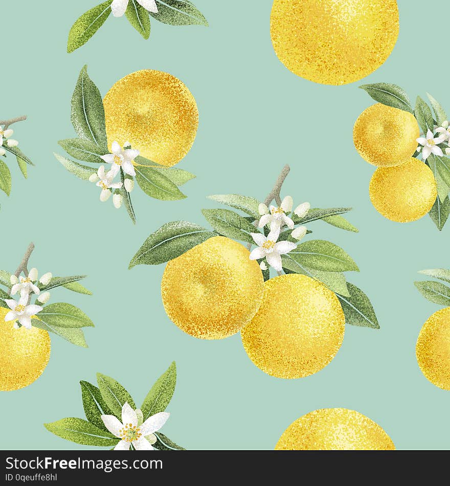 Seamless pattern with orange fruits and flowers. Hand drawn splatter illustration. Seamless pattern with orange fruits and flowers. Hand drawn splatter illustration.