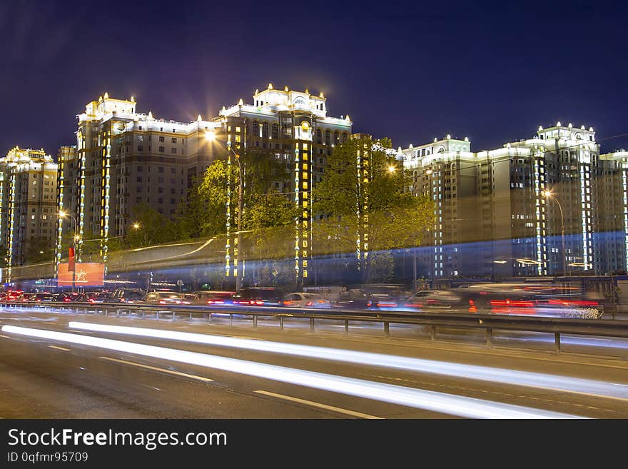 Night Traffic In Moscow, Russia. Lomonosovsky Prospect