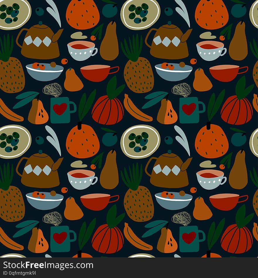 Pattern with tea kettle, cups and fruits, seamless vector pattern on dark background