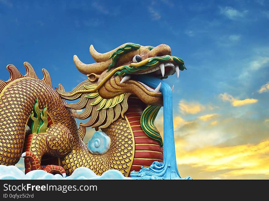 close up of dragon statue, chinese, background, style, colorful, decoration, temple, design, power, gold, art, thailand, decorative, animal, traditional, culture, asian, china, sculpture, symbol, detail, fantasy, ancient, religion, east, symbolic, golden, ornament, wealth, oriental, religious, blue, sky, cloud